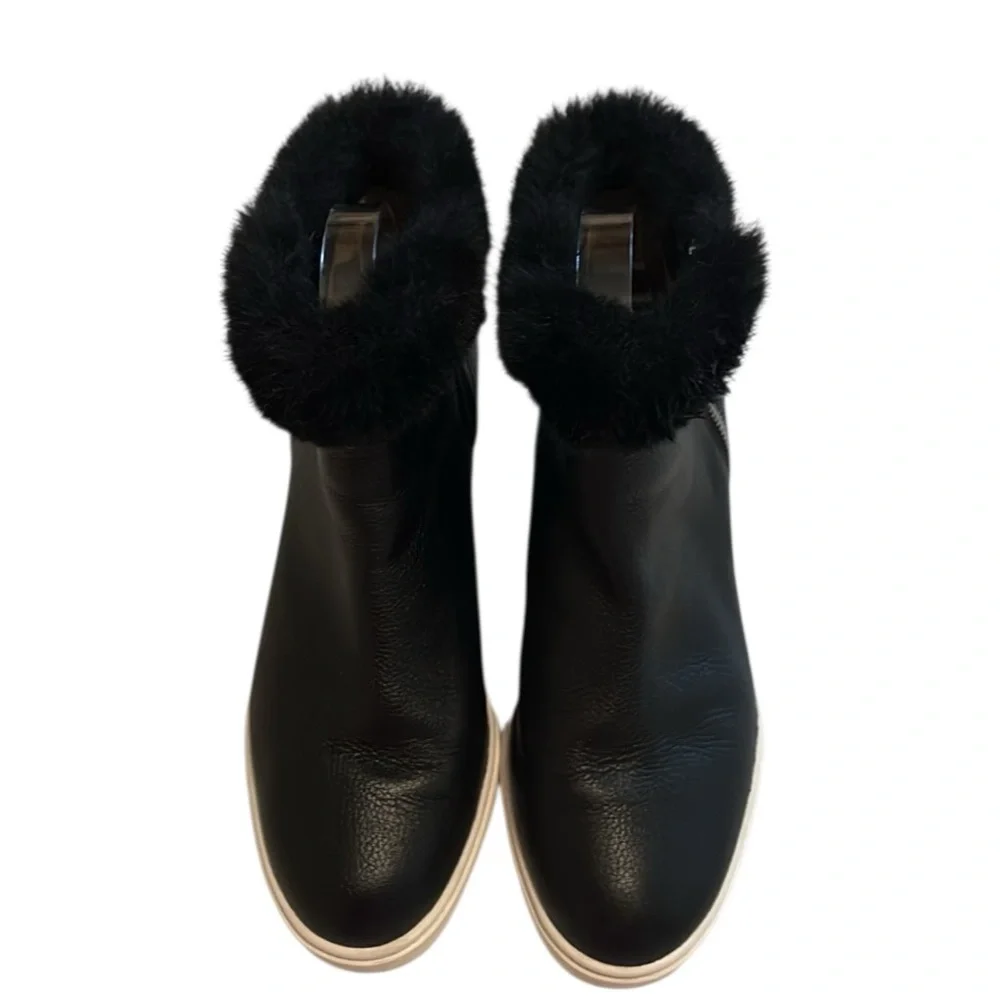 Linea Paolo Flossie Leather with Faux Fur Cuff Wedge Booties, size 8